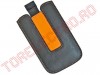 Carcase si Huse Protectoare > Husa din Piele Eco pentru iPhone 4 L HUS0089 - Neagra cu Portocaliu