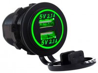 Priza USB Incastrabila 5Vx2 - 2.1A cu intrare 12V - 24V LED Verde prindere cu filet in panou A1200B