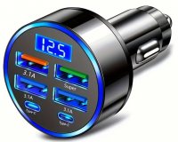 Alimentator  USBC x2 USBA x4 Quick Charge QC3.1 la Bricheta Auto 12V-24V cu Voltmetru LED Albastru QC600USBC